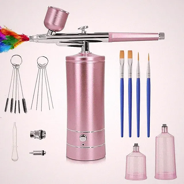 Cordless Airbrush Kit 48PSI Rechargeable Air Compressor 0.3mm Nozzle Pink