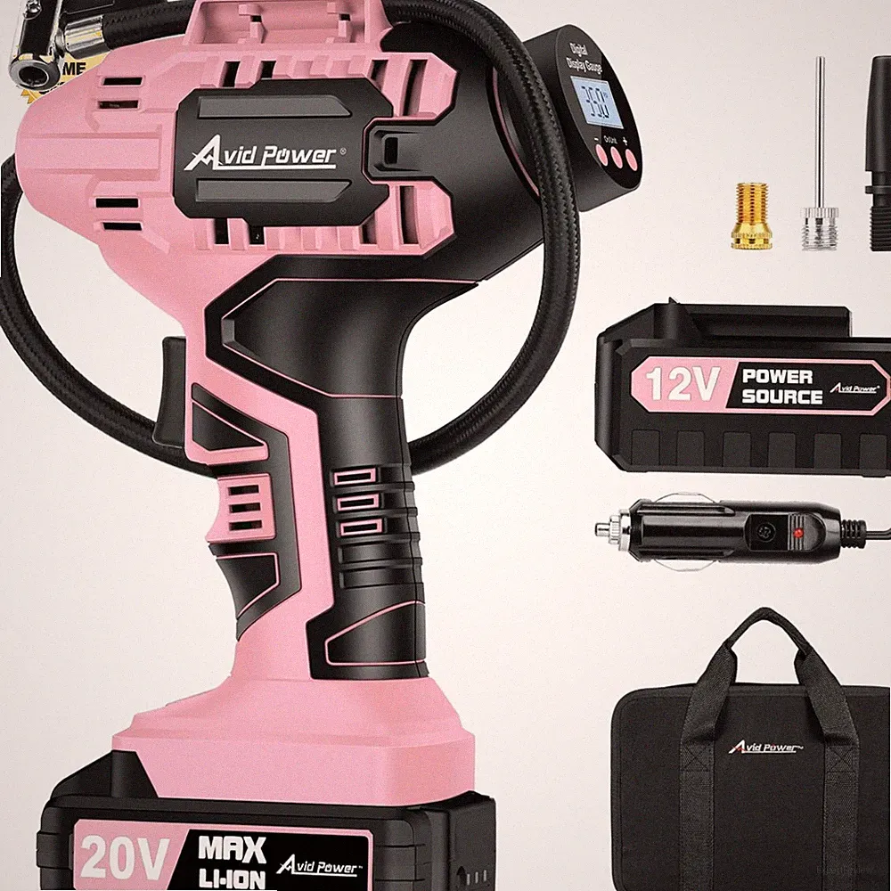 Cordless Tire Inflator Air Compressor 20V Lithium-Ion Battery Pink